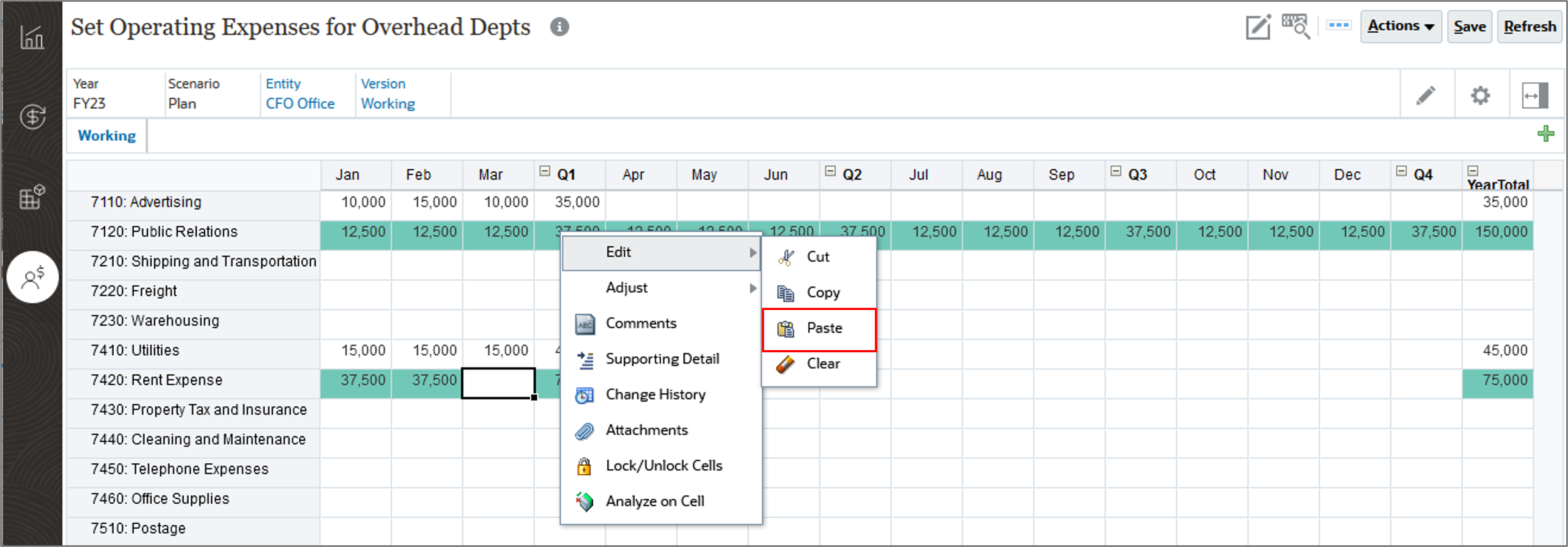 Expense Form with Edit Paste Menu Open